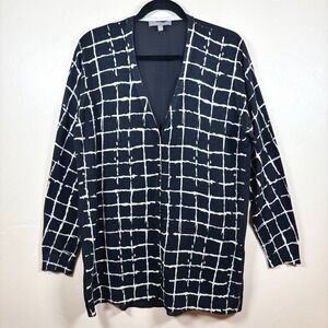 Neiman Marcus Cashmere Silk Wool Windowpane Button Cardigan Womens L Sheer Back